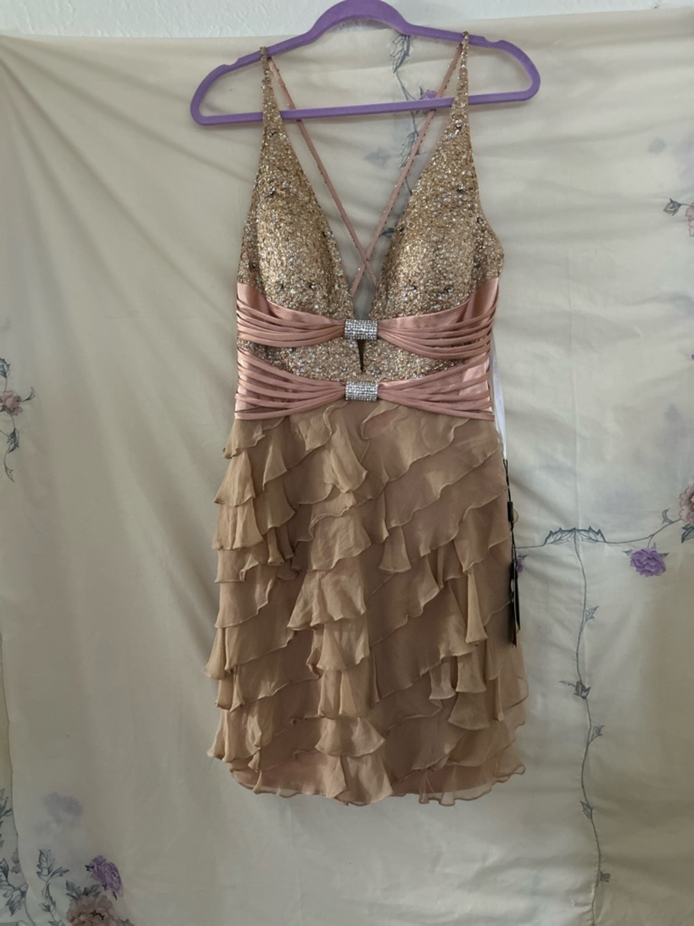 Terani Couture Rose Gold & Champagne Beaded Mini Dress 100% silk, Size  L